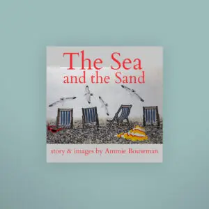 A book cover with four chairs and an ocean scene.