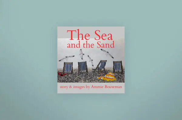 A book cover with four chairs and an ocean scene.