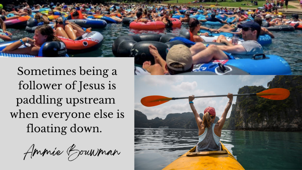 A collage of people in boats and one person paddling on an inflatable raft.