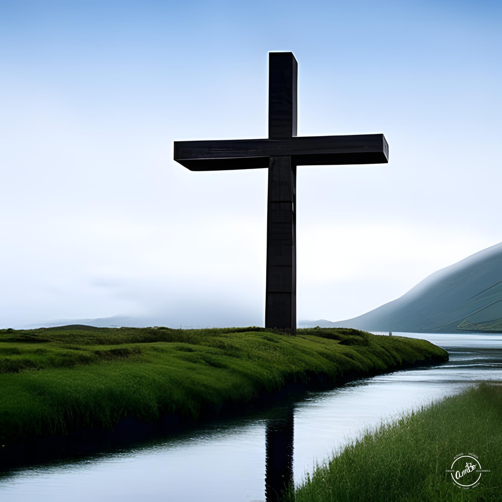 A large cross is in the middle of a field.