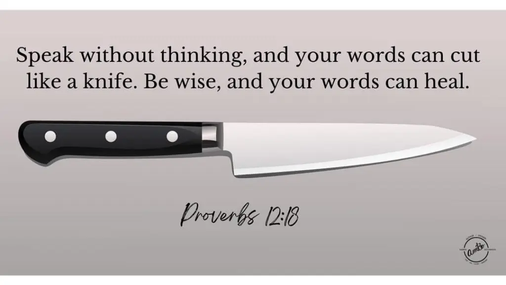 A knife with the bible verse proverbs 1 2 : 8 on it.