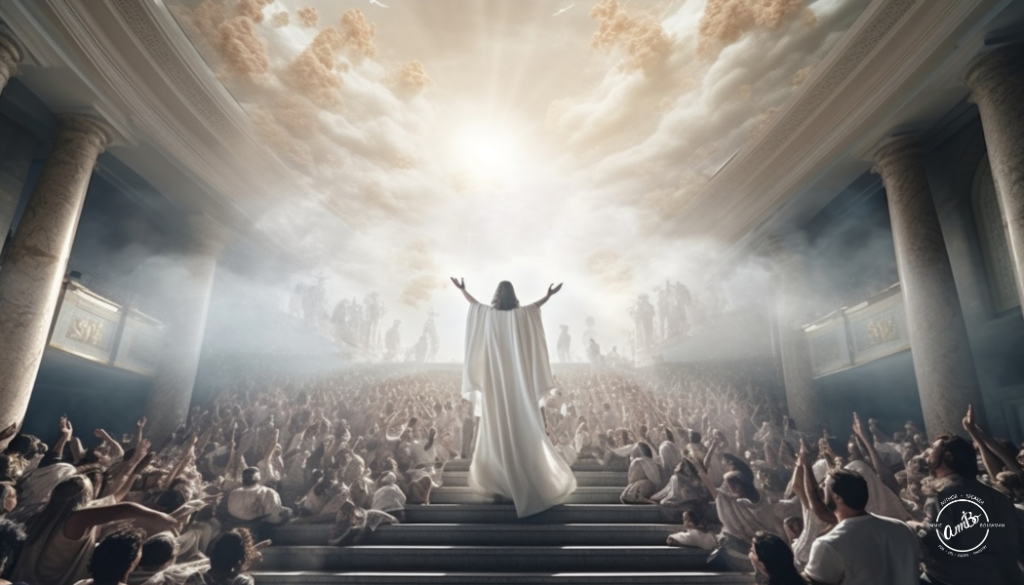 A person in white robes standing on steps with hands raised.