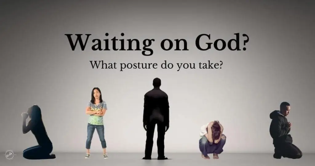 A woman standing next to two men in front of the words " waiting on god ".