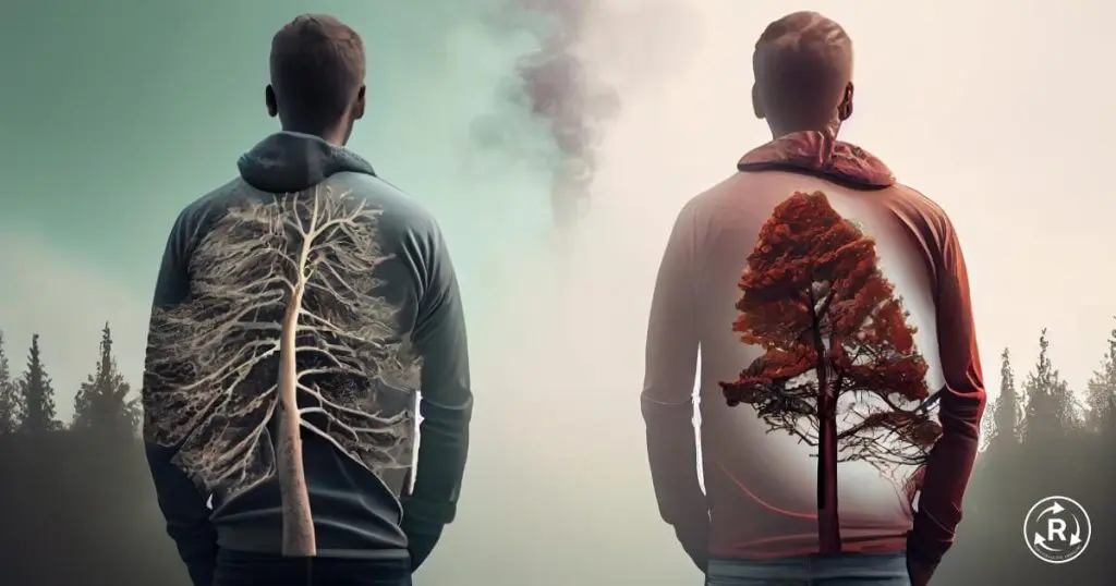 Two men are standing back to back with trees on them.