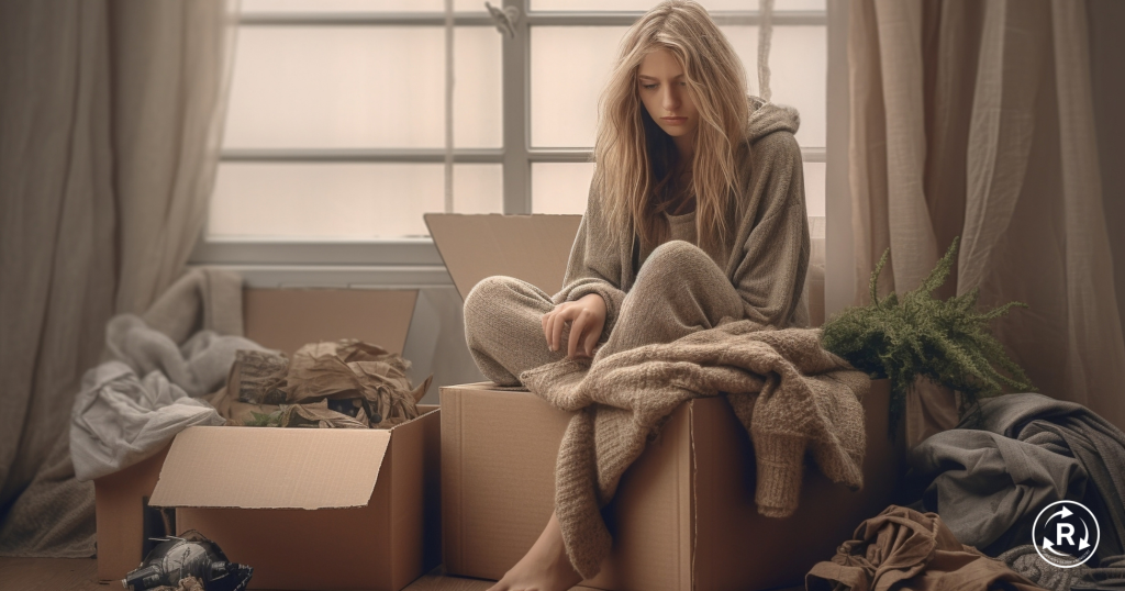 A woman sitting on top of boxes in her room.