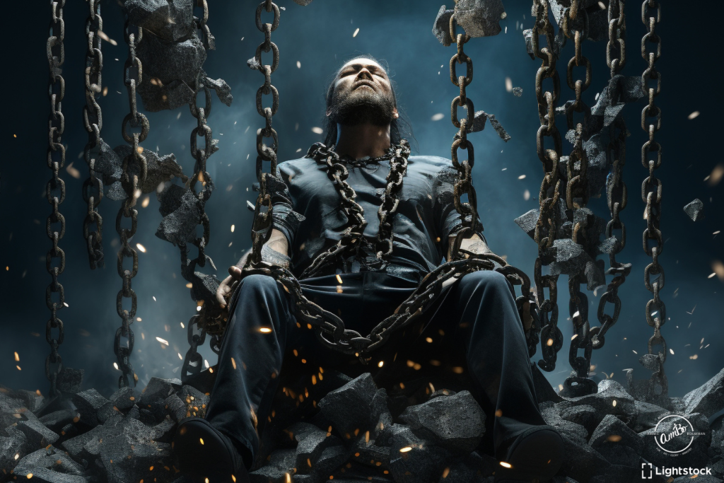 A man sitting on chains in front of falling rocks.