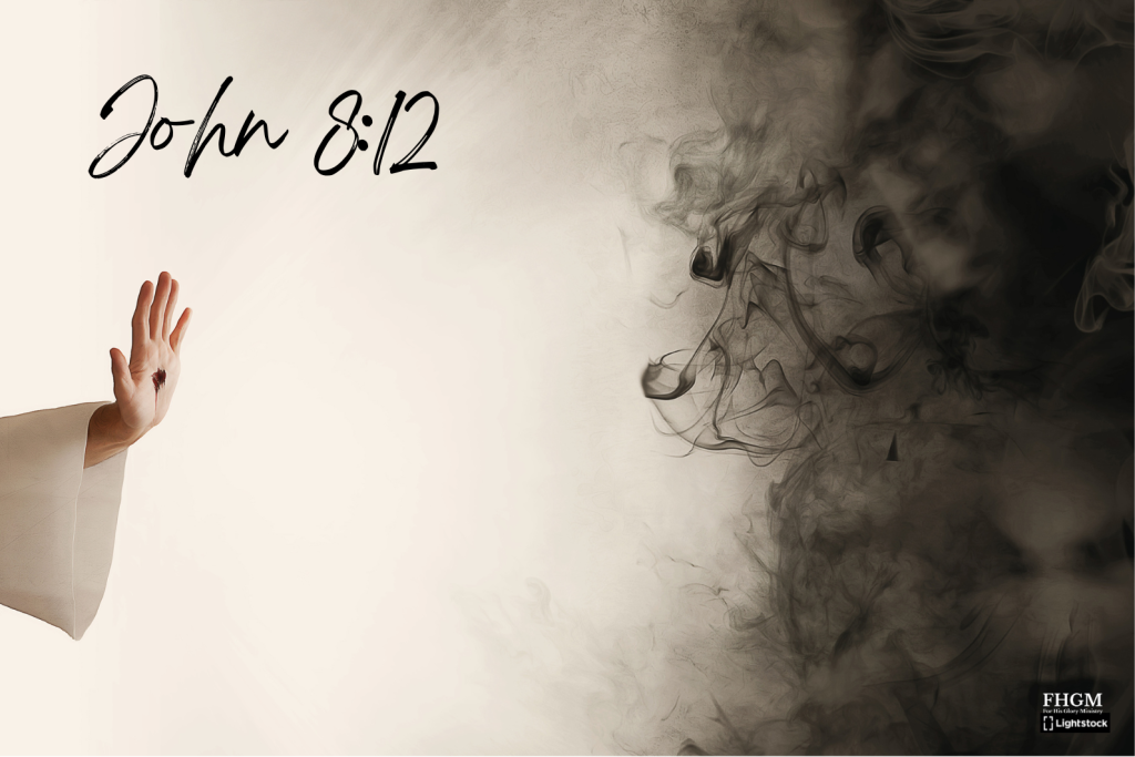 A smoke background with the word " john 8 : 1 2 ".