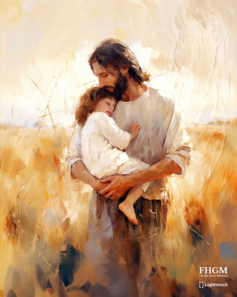 A painting of jesus holding a child in his arms.