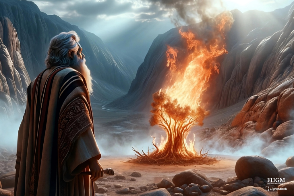 A painting of moses standing in front of the burning bush.