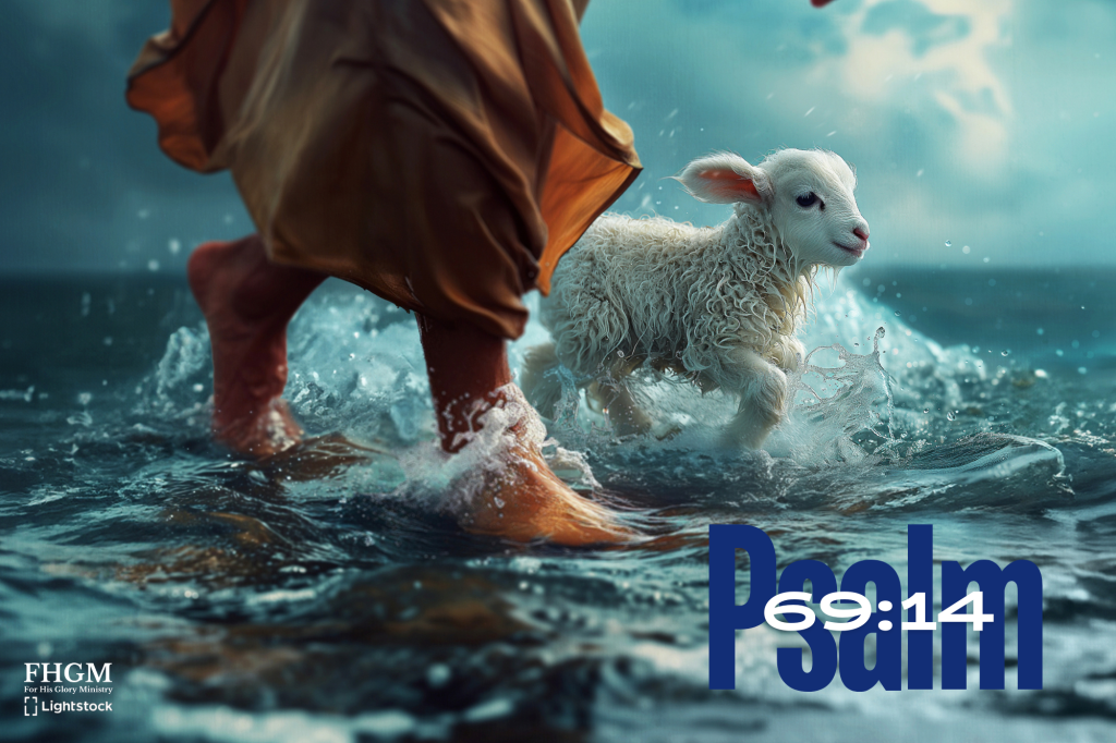 A lamb running in the water with jesus walking on it.