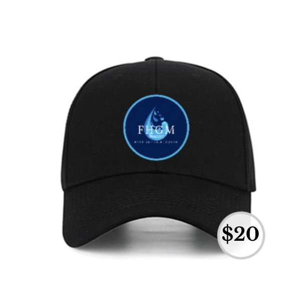 A black hat with a blue circle on it