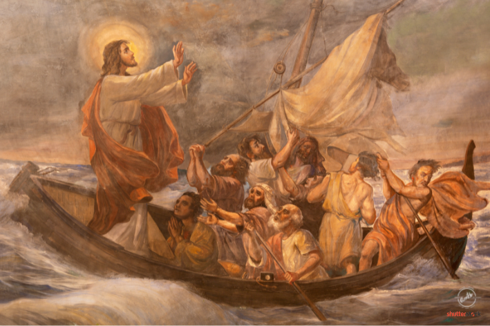 A painting of jesus christ standing on the back of a boat.