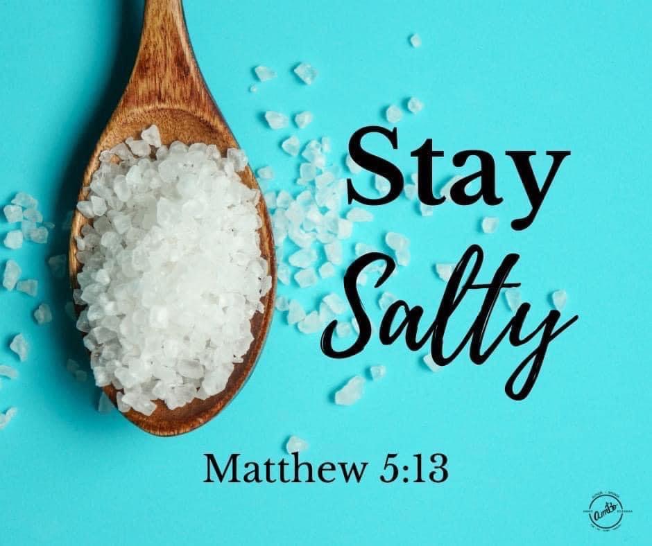 A spoon with salt on it and the words " stay salty "