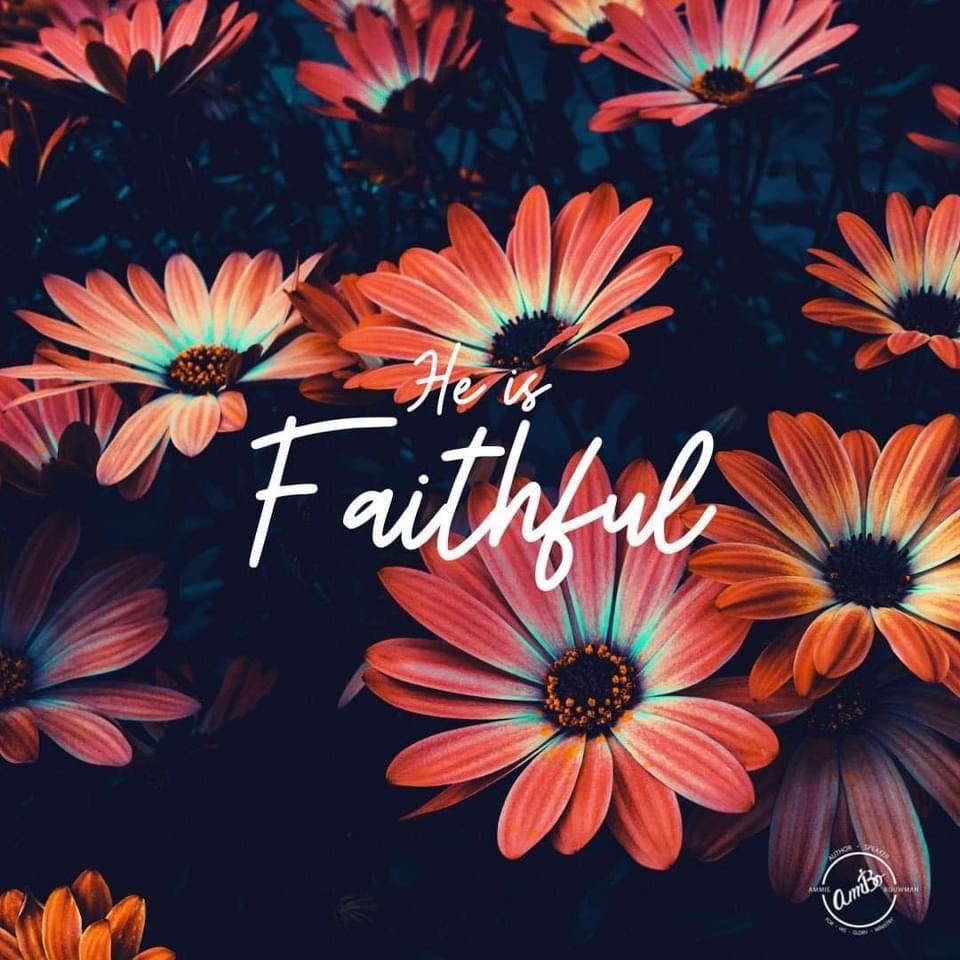 A floral background with the word " he is faithful ".